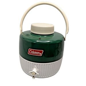 Vintage 1970s Green Coleman Water Cooler 1 Gallon Metal Handle Spout & Cup EUC